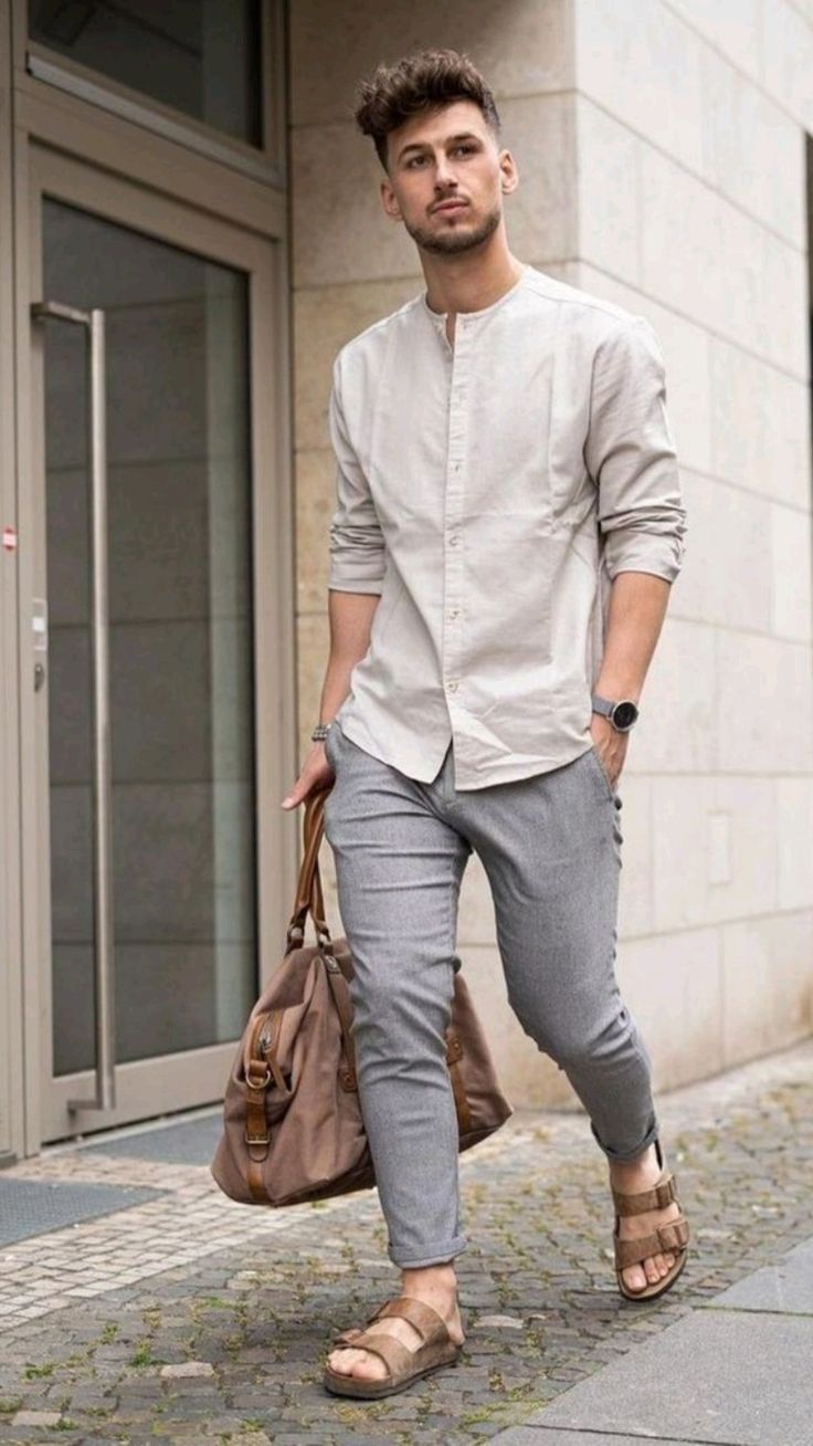 Beige Shirt with Gray Pants 